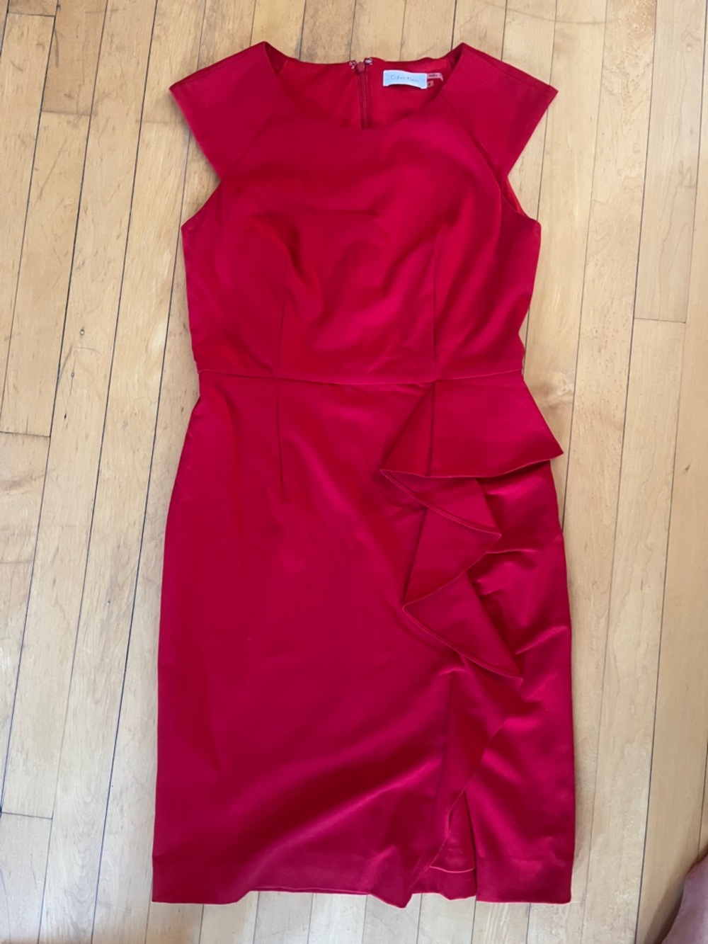 Calvin Klein Red Midi Sheath Dress with Ruffle Detail
